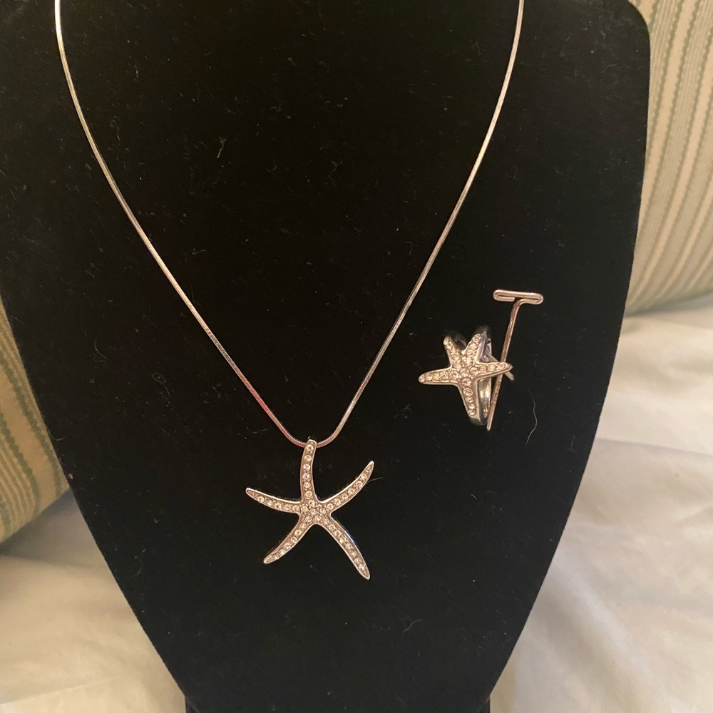 Starfish necklace and ring with silver tones